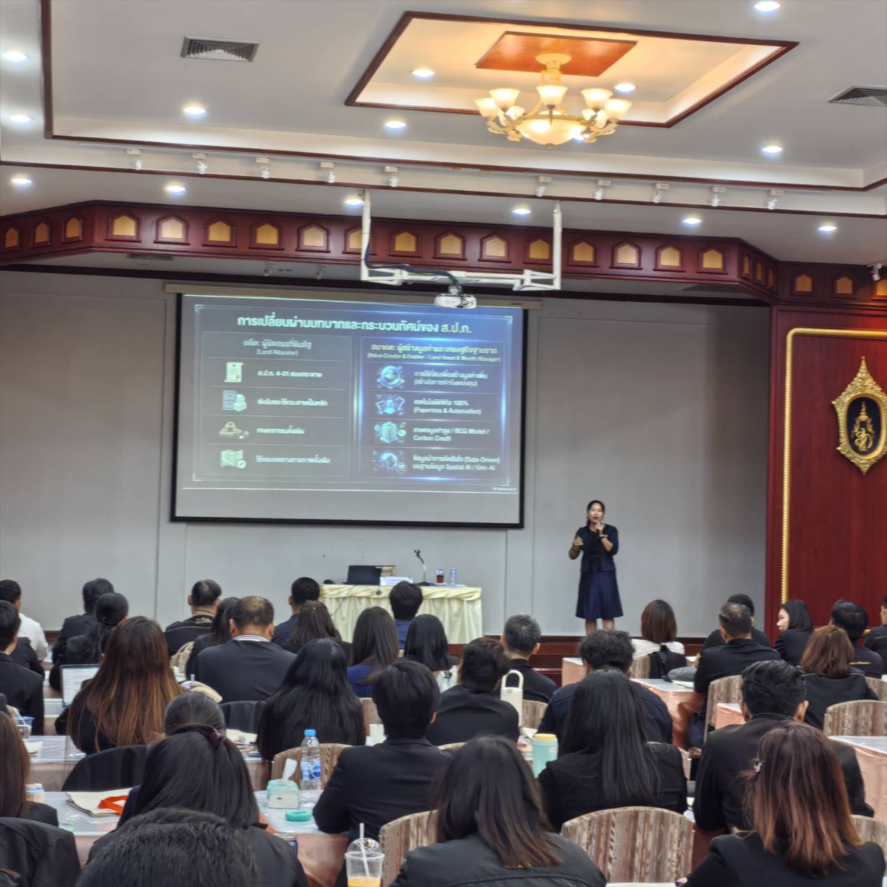 title - บรรยายให้ความรู้ในหัวข้อทิศทาง ส.ป.ก. ในอนาคต (ALRO Future Directions) มุ่งเน้นการปรับเปลี่ยนยุทธศาสตร์เชิงรุกเพื่อรับมือกับความท้าทายในโลก ทั้งสังคมเกษตรกรสูงวัย การขยายตัวของเมือง วิกฤตภูมิอากาศ และเทคโนโลยี AI โดยการขับเคลื่อนจะเน้นบูรณาการฐานข้อมูลอัจฉริยะ (ALRO One Data)